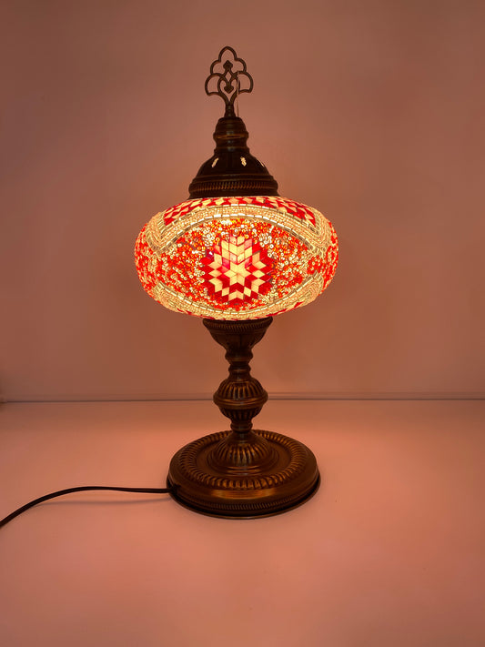 Turkish Handmade Mosaic Table Lamp Desk Bedside Night Lamp Light Lampshade, Red Yellow Star 14"