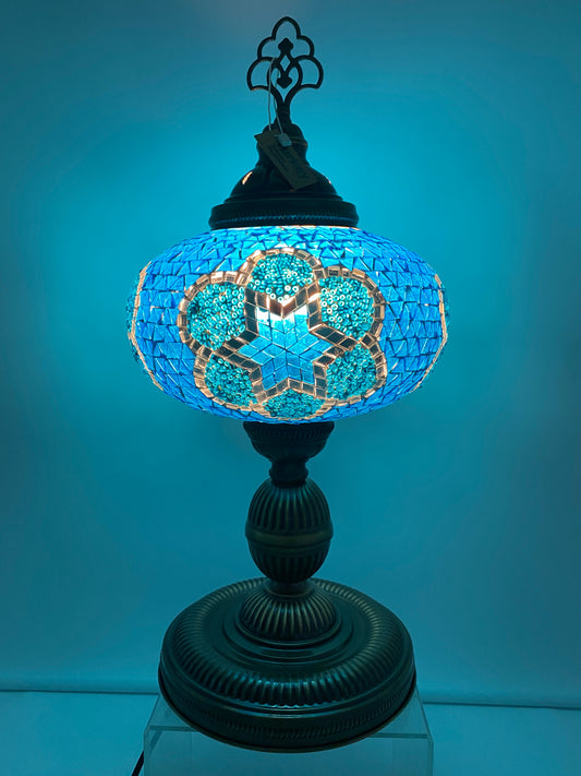 Turkish Handmade Blue Mosaic Table Desk Bedside Night Lamp Light Lampshade, Blue, 20"