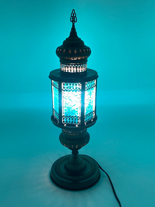 Turkish Handmade Blue Mosaic Table Desk Bedside Night Lamp Light Lampshade, Blue, 20"