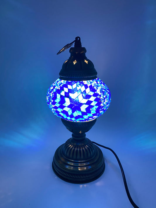 Blue Diamond Turkish Handmade Mosaic Table Lamp Desk Bedside Night Lamp Light Lampshade, BlueDiamond, 14"
