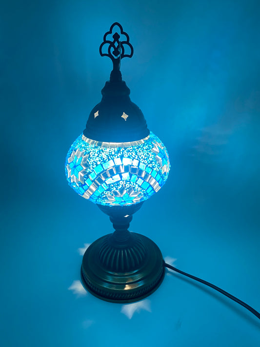 Blue Egg Glow Turkish Handmade Mosaic Table Lamp Desk Bedside Night Lamp Light Lampshade, Blue, 14"